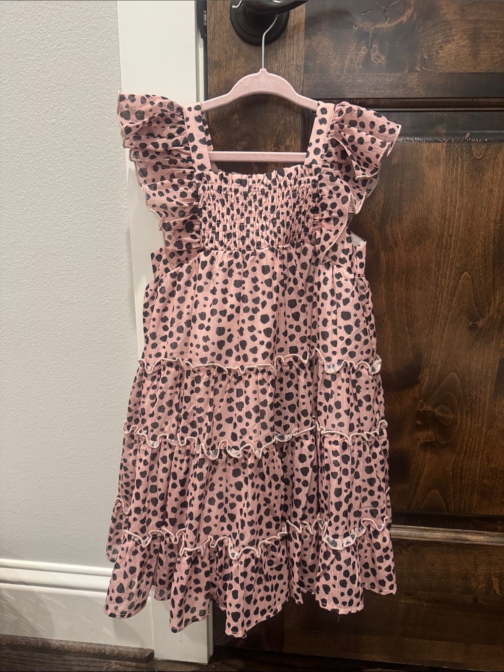 cheeky plum Pink Ruffle Tiered Dress with Black Spot Print